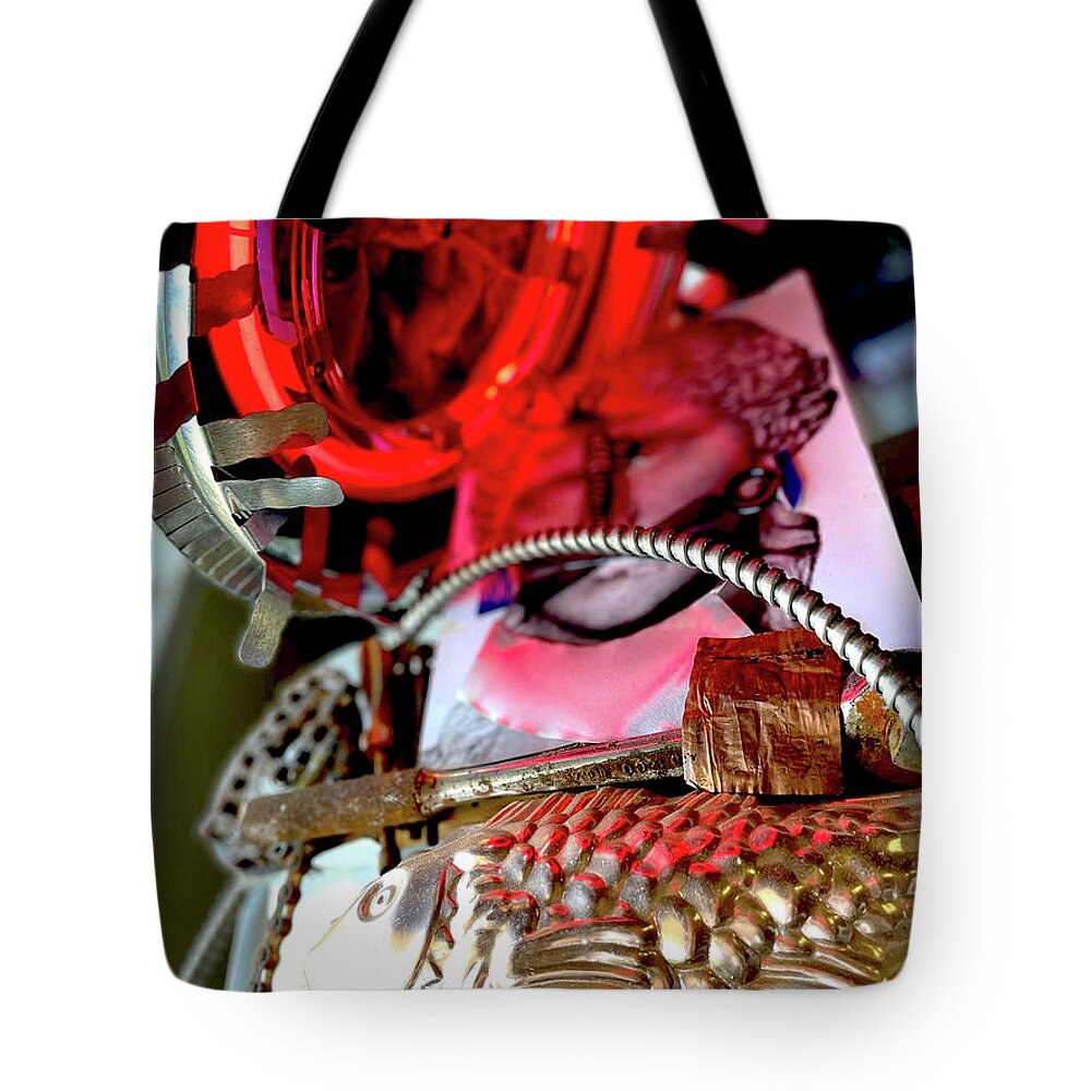 Neon Roman Greek Statue Sculpture Pink Red Metal Assemblage Female Artist Abstract Figurative 3d Local Dallas Texas Tote Bag featuring the sculpture Neon Roman Greek Helen of Argos PINK Dahlia by Kasey Jones