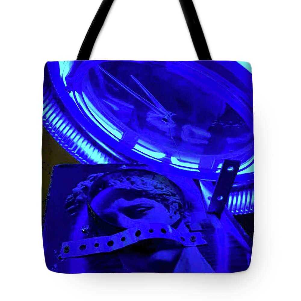 Neon Roman Greek Statue Sculpture Pink Red Metal Assemblage Female Artist Abstract Figurative 3d Local Dallas Texas Tote Bag featuring the sculpture Neon Roman Greek Marcus Aurelius  Bleu Tulip by Kasey Jones