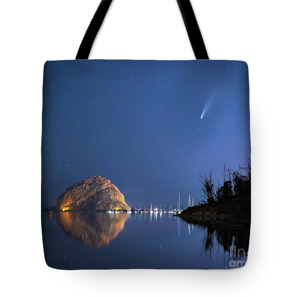Comet Tote Bag featuring the photograph Neowise Comet and Morro Rock by Mimi Ditchie