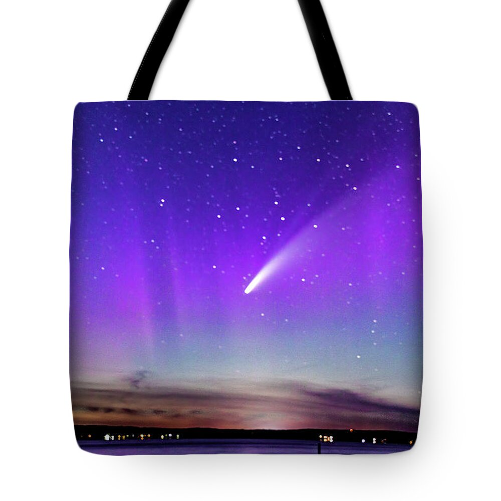 Neowise Comet Tote Bag featuring the photograph NEOWISE COMET with a splash of Northern Lights by Joe Holley