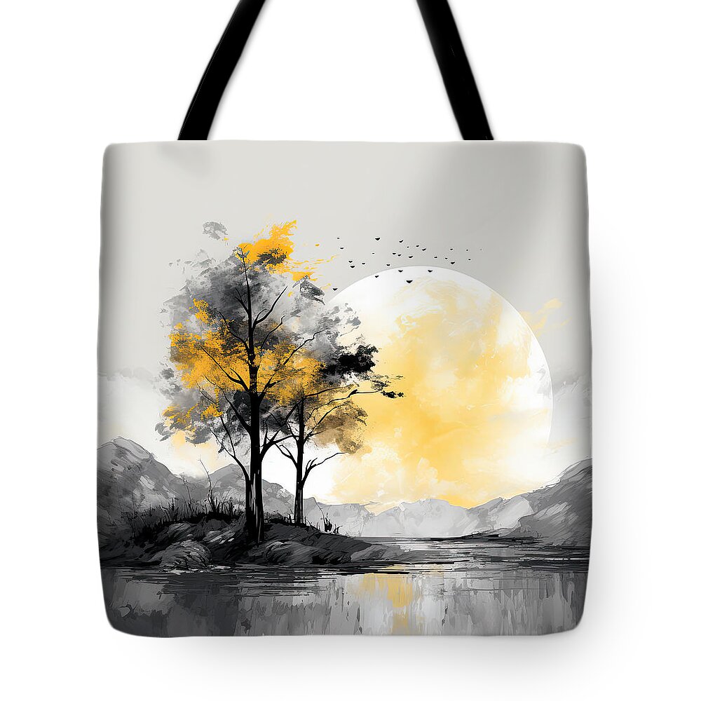 Yellow And Gray Tote Bag featuring the painting Neutral Grace - Yellow and Grey Art by Lourry Legarde