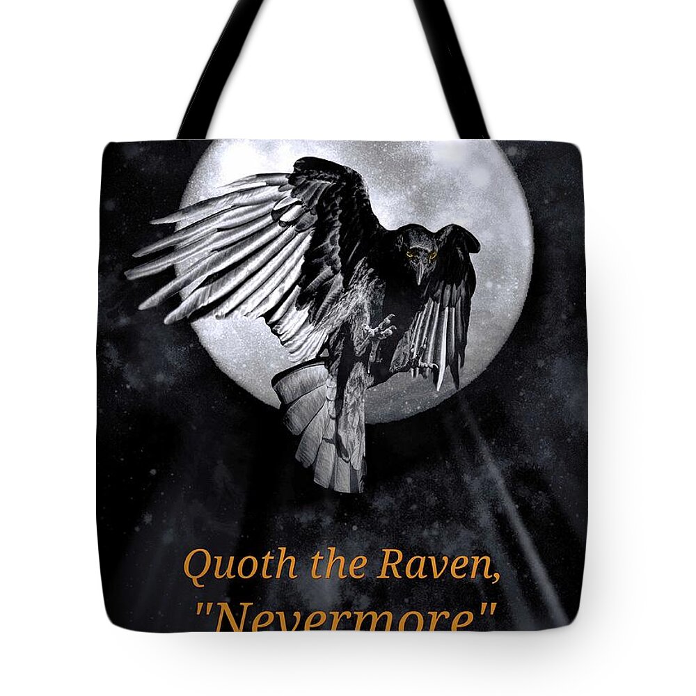 Poe Tote Bag featuring the photograph Nevermore Raven Edgar Allan Poe and Moon by Stephanie Laird