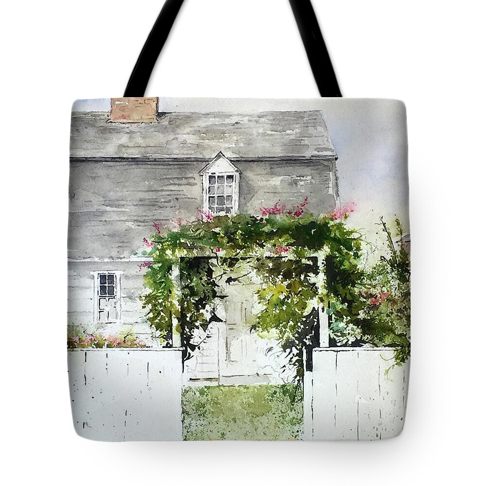 A Greenery Draped Arbor At The Entrance To A New England House. Tote Bag featuring the painting New England Arbor by Monte Toon