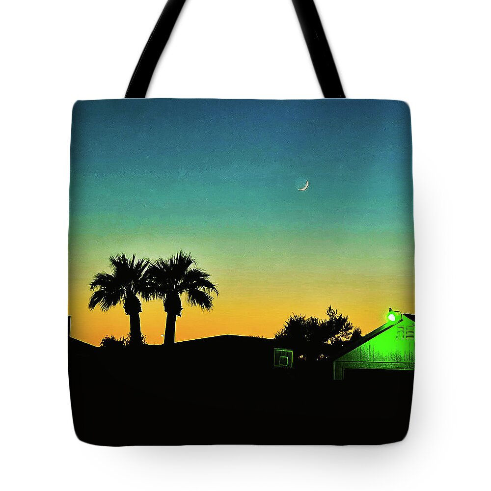 #landscapephotography #palmtrees #sunsetphotography #november #silhouette Tote Bag featuring the photograph New Moon near the Green Manger by Grey Coopre