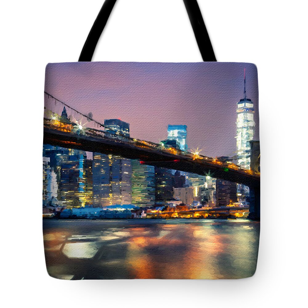 Brooklyn Tote Bag featuring the painting New York City Brooklyn Bridge Black And Skyline by Tony Rubino