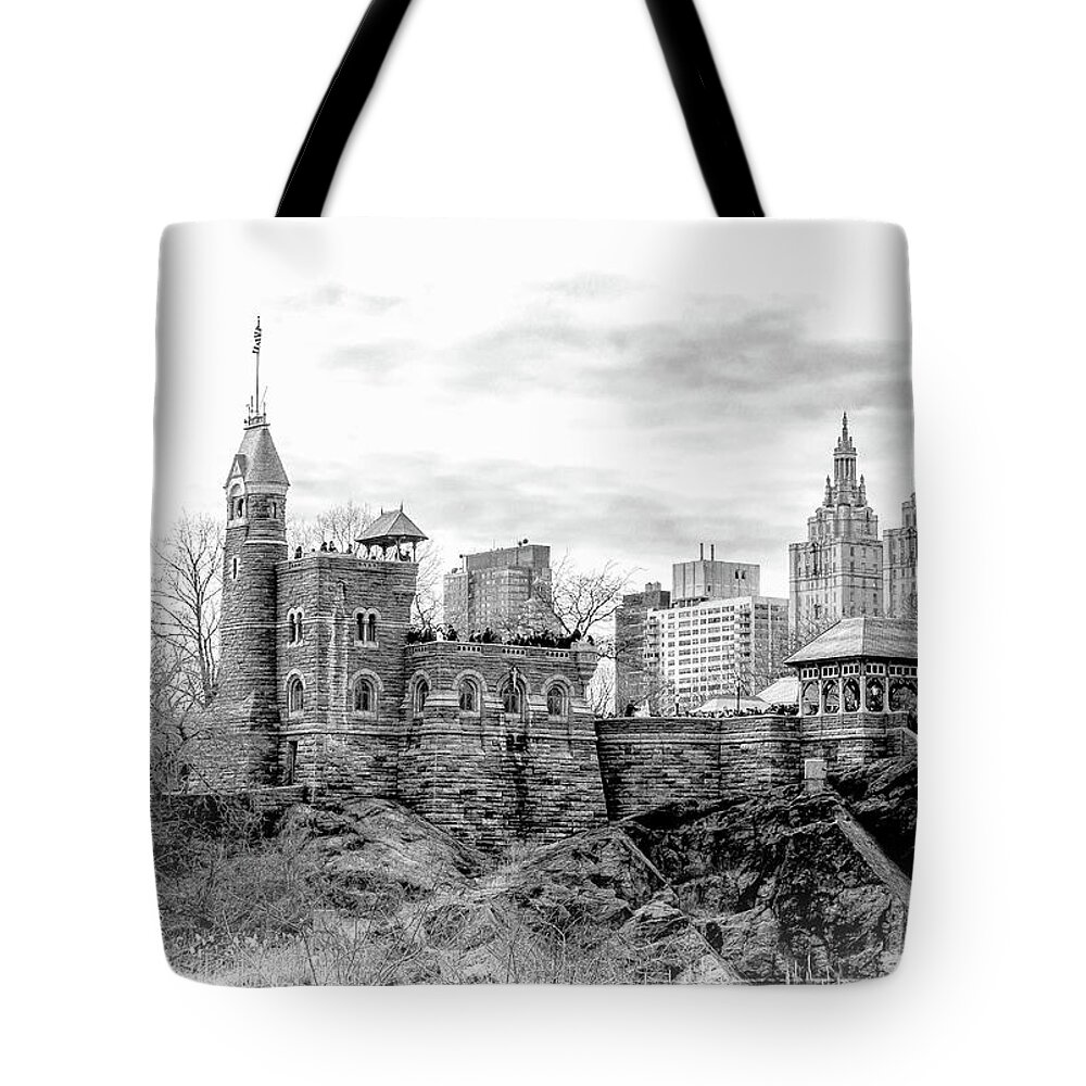 New York Tote Bag featuring the photograph New York City Central Park Belvedere Castle Black and White by Christopher Arndt