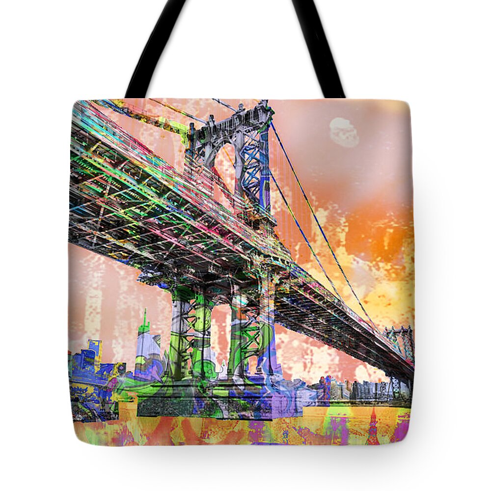 Manhattan Bridge Tote Bag featuring the painting New York City Manhattan Bridge Gold 3 by Tony Rubino