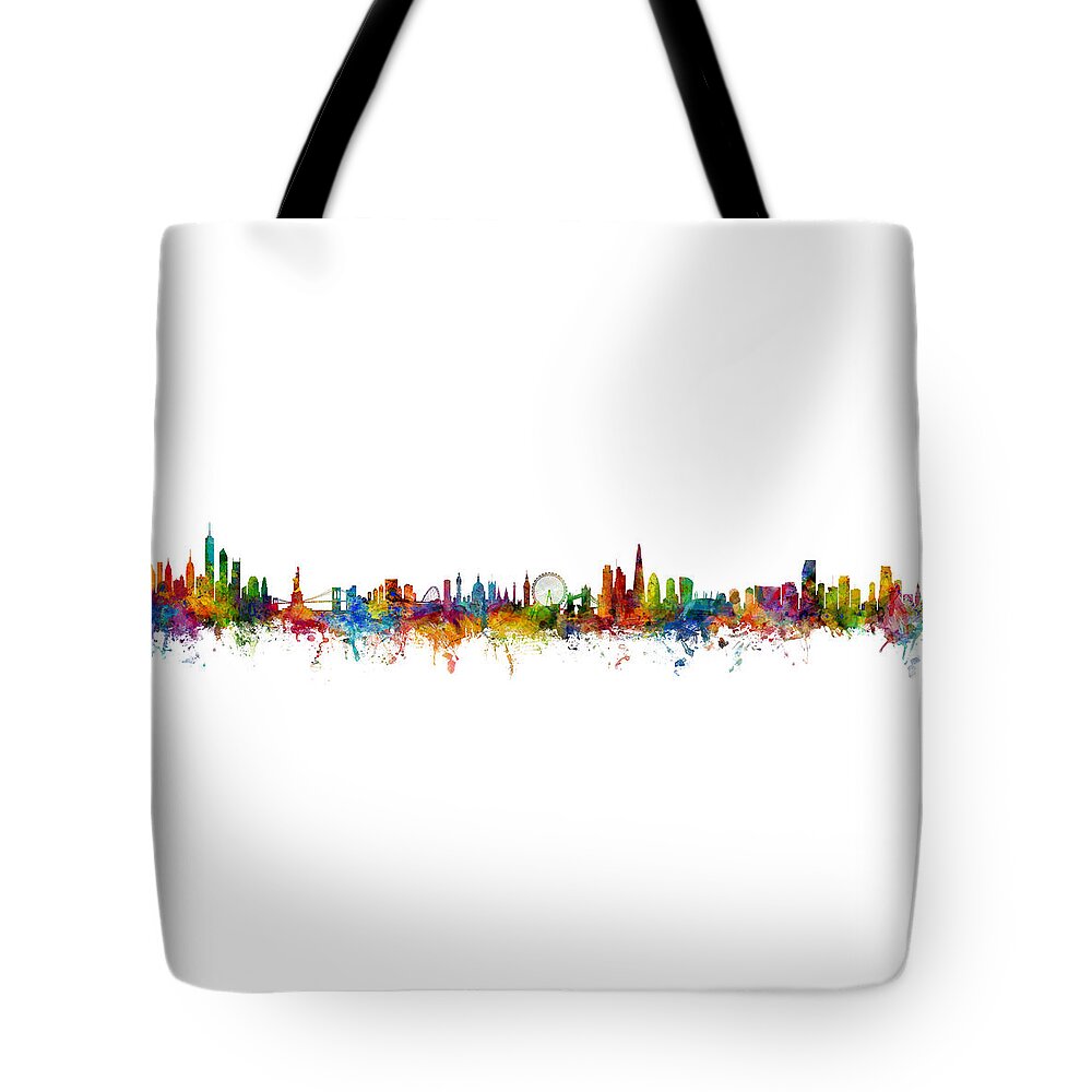 Miami Tote Bag featuring the digital art New York, London and Miami Skylines Mashup by Michael Tompsett