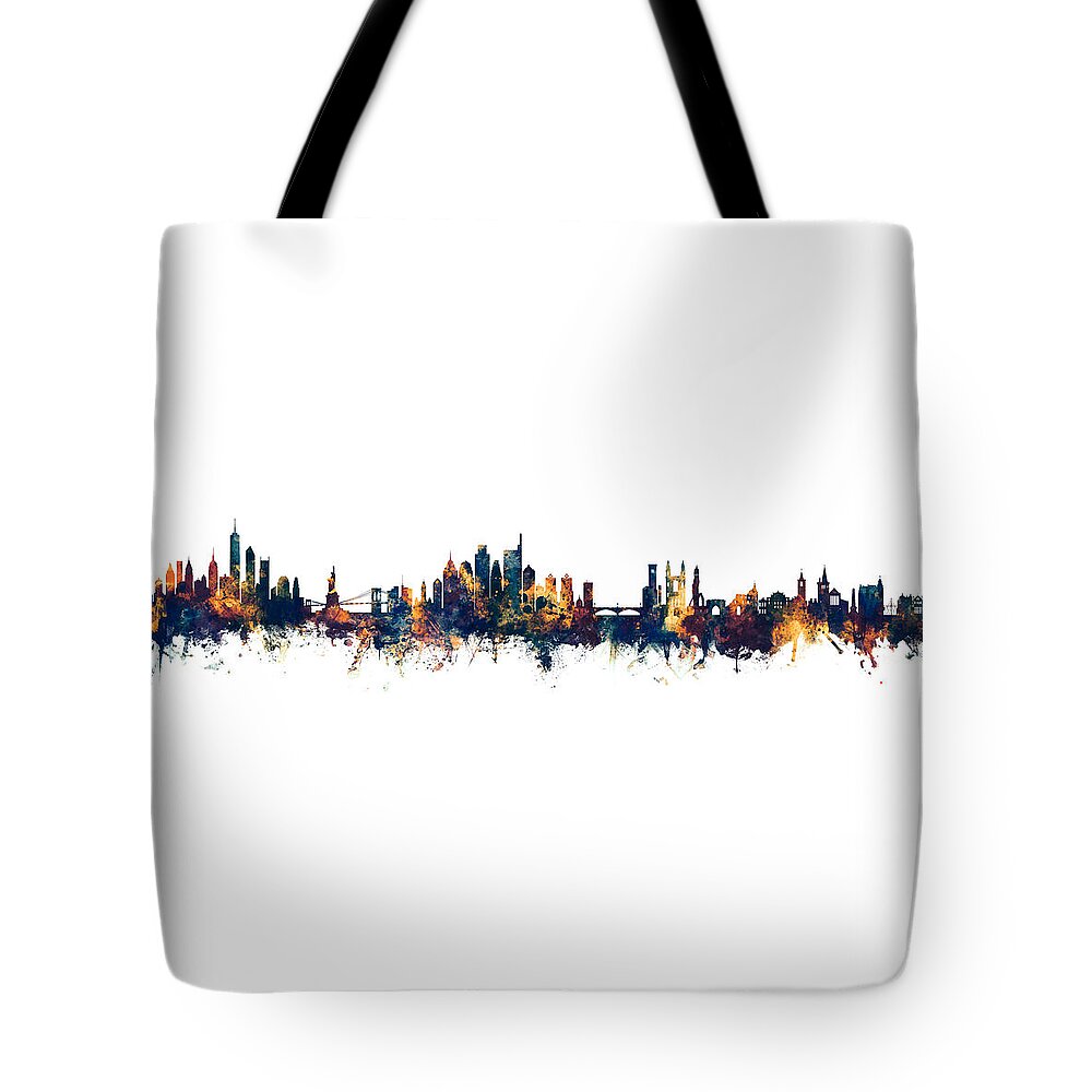 New York Tote Bag featuring the digital art New York, Philadelphia and St Andrews Skyline Mashup by Michael Tompsett