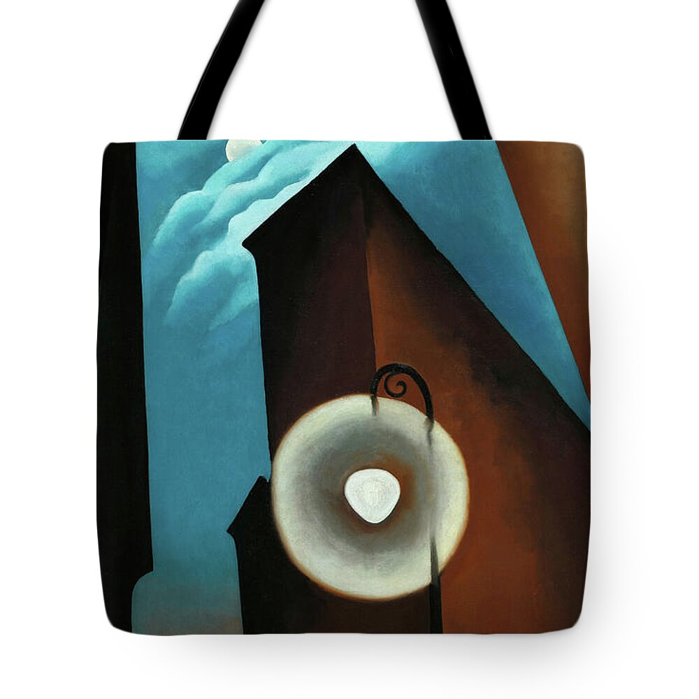 Georgia O'keeffe Tote Bag featuring the painting New York street with moon - abstract modernist cityscape painting by Georgia O'Keeffe