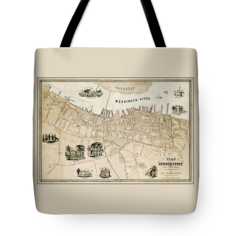 Newburyport Tote Bag featuring the photograph Newburyport Massachusetts Vintage Map 1851 by Carol Japp