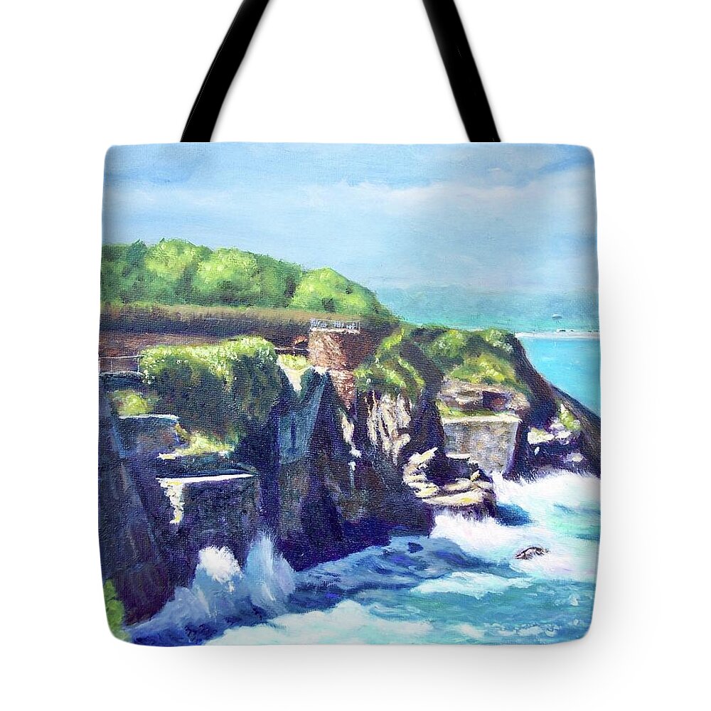 Newport Ri Tote Bag featuring the painting Newport RI Cliff Walk 40 Steps by Patty Kay Hall