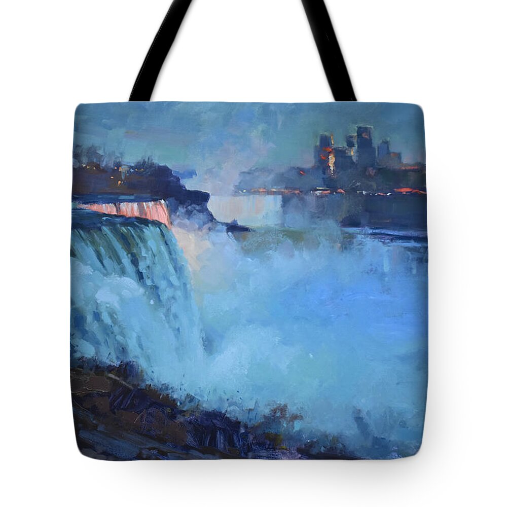 Niagara Falls Tote Bag featuring the painting Niagara Falls Nocturne by Ylli Haruni