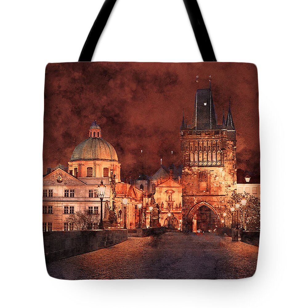 Prague Tote Bag featuring the painting Night at Charles Bridge in Prague by Alex Mir