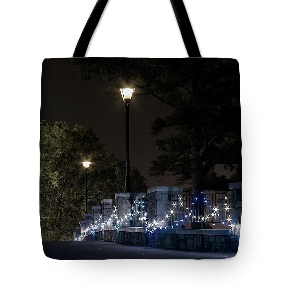 Architecture Tote Bag featuring the photograph Night Bridge in December by Liza Eckardt
