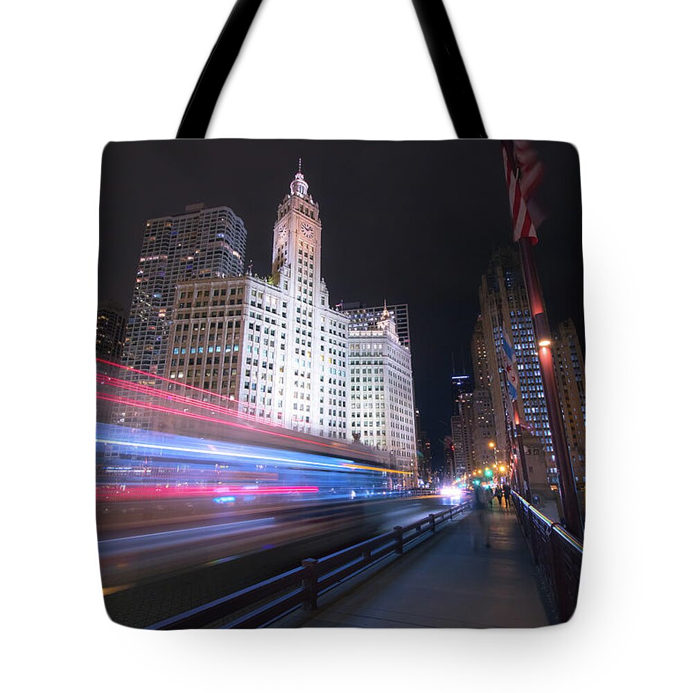 Chicago Tote Bag featuring the photograph Night on the DuSable Bridge by Jay Smith