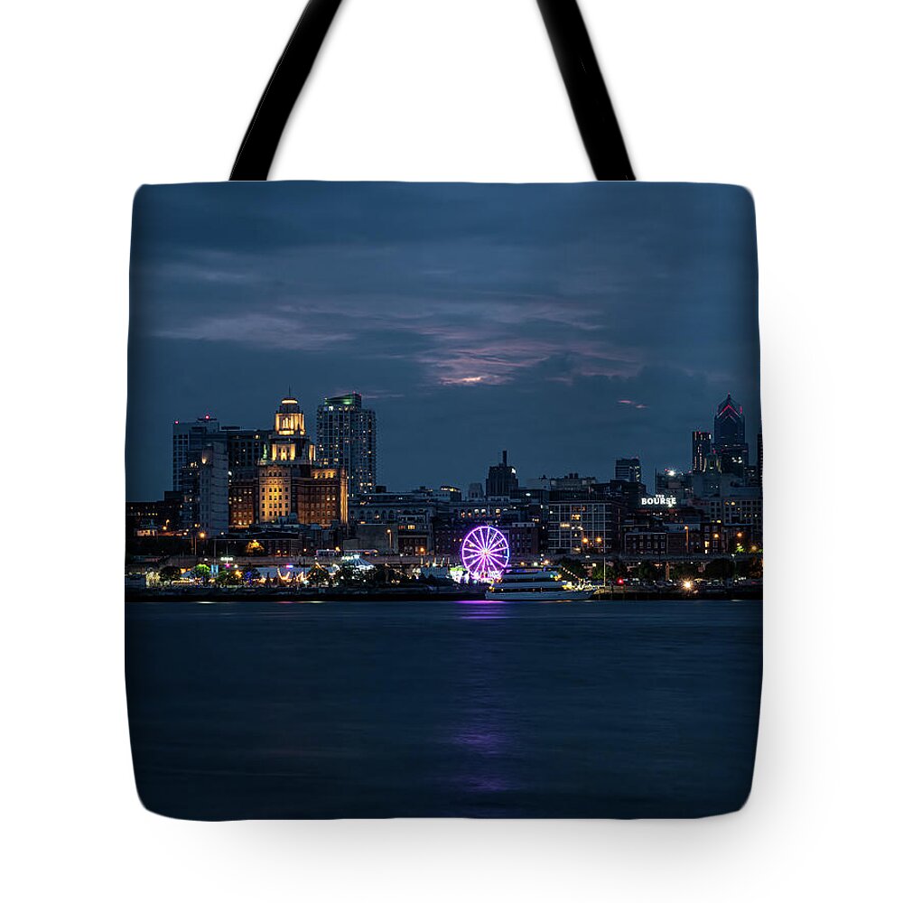 Penn's Landing Tote Bag featuring the photograph Night Over Penn's Landing by Kristia Adams