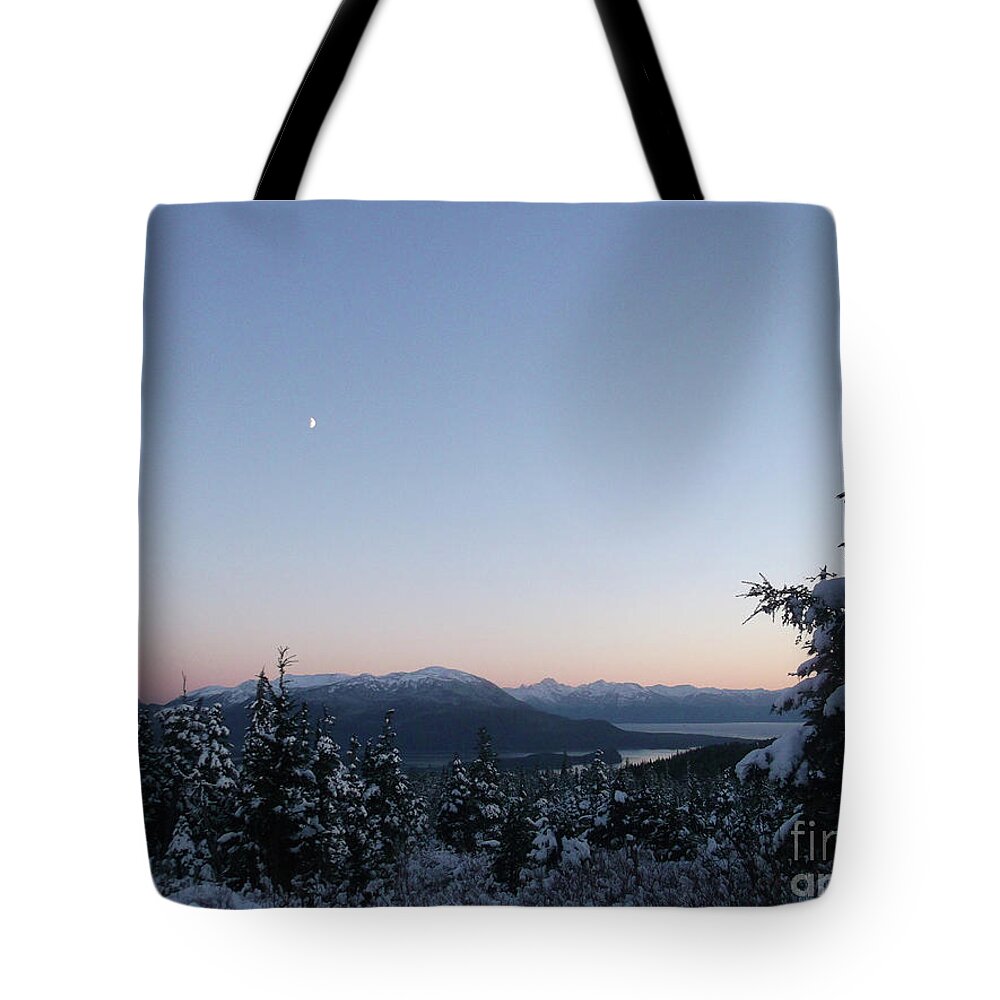 #evening #dusk #sunset #moon #alaska #juneau #ak #cruise #tours #vacation #peaceful #moon #camping #snow #winter #cold Tote Bag featuring the photograph Nightfall at John Muir cabin by Charles Vice