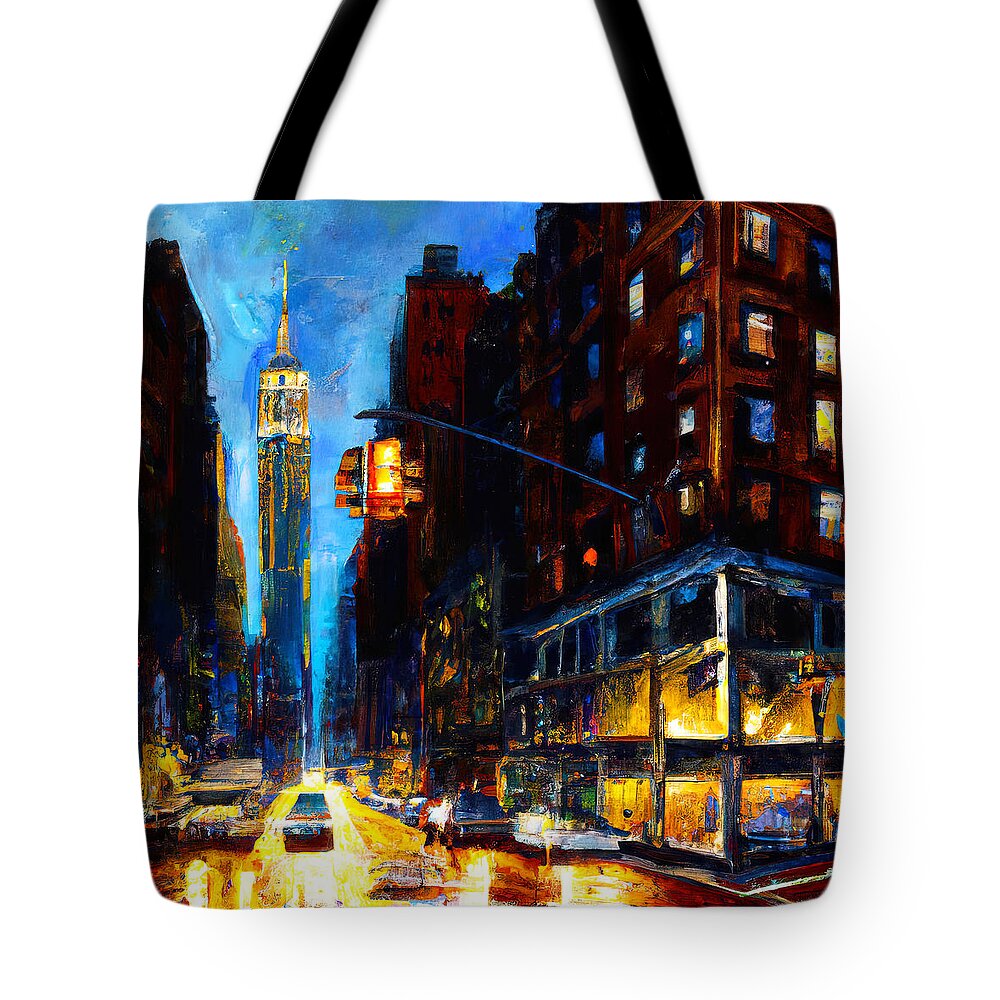 Streets Tote Bag featuring the painting Nights of New York City, 06 by AM FineArtPrints