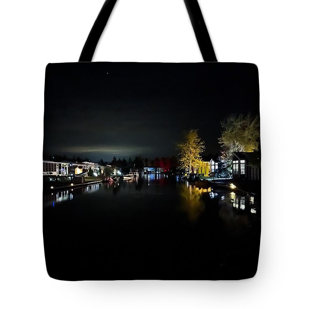Lake Tote Bag featuring the digital art Nighttime Waterside Living by Shehan Wicks