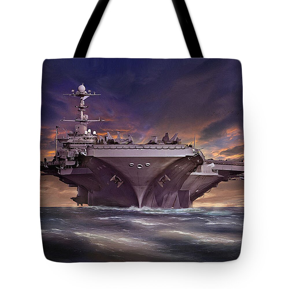 Navy Tote Bag featuring the digital art Nimitz Class - gold purple by James Vaughan