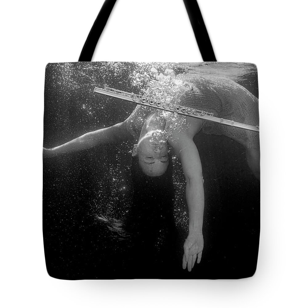 Flute Tote Bag featuring the photograph Nina in pool with flute 239 by Dan Friend