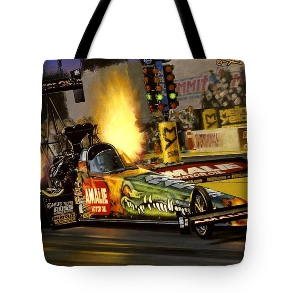 Nhra Funny Car Top Fuel Kenny Youngblood John Force Terry Mcmillan Nitro Drag Racing Tote Bag featuring the painting Nitro Gator by Kenny Youngblood