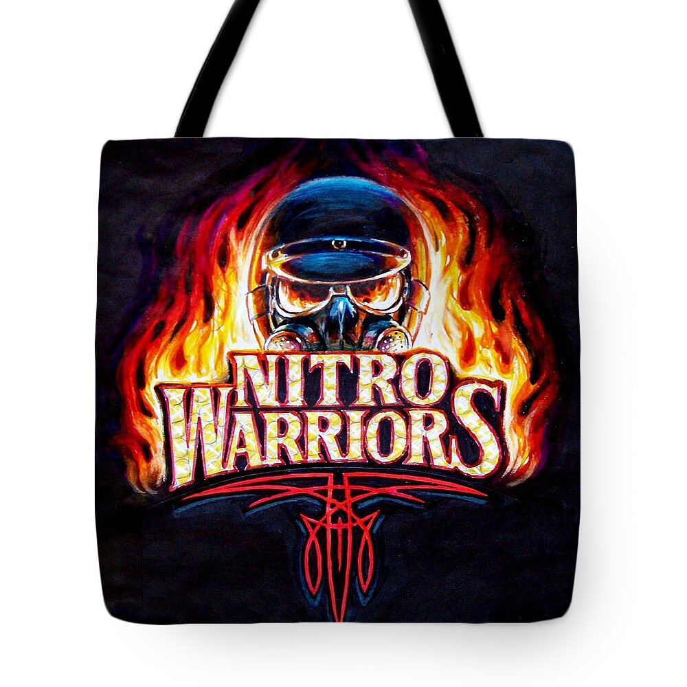Drag Racing Nhra Top Fuel Funny Car John Force Kenny Youngblood Nitro Champion March Meet Images Image Race Track Fuel  Movie Poster Posters Nitro Warriors Tote Bag featuring the painting Nitro warriors by Kenny Youngblood