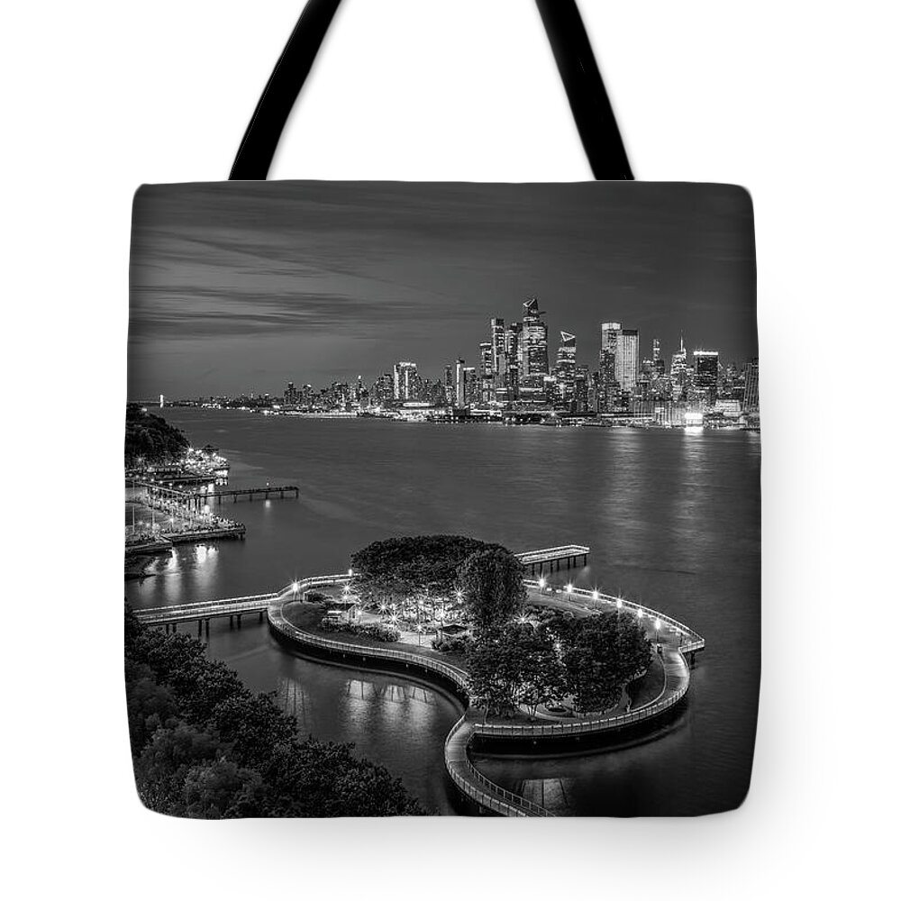 Nyc Skyline Tote Bag featuring the photograph NJ NYC Skyline BW by Susan Candelario