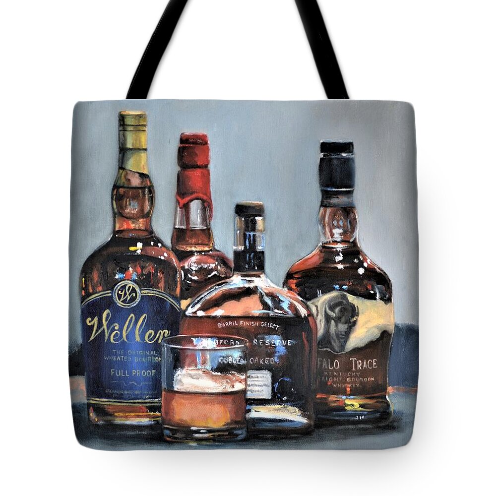 Bourbon Tote Bag featuring the painting Weller and Friends - Bourbon Bar Painting by Donna Tuten