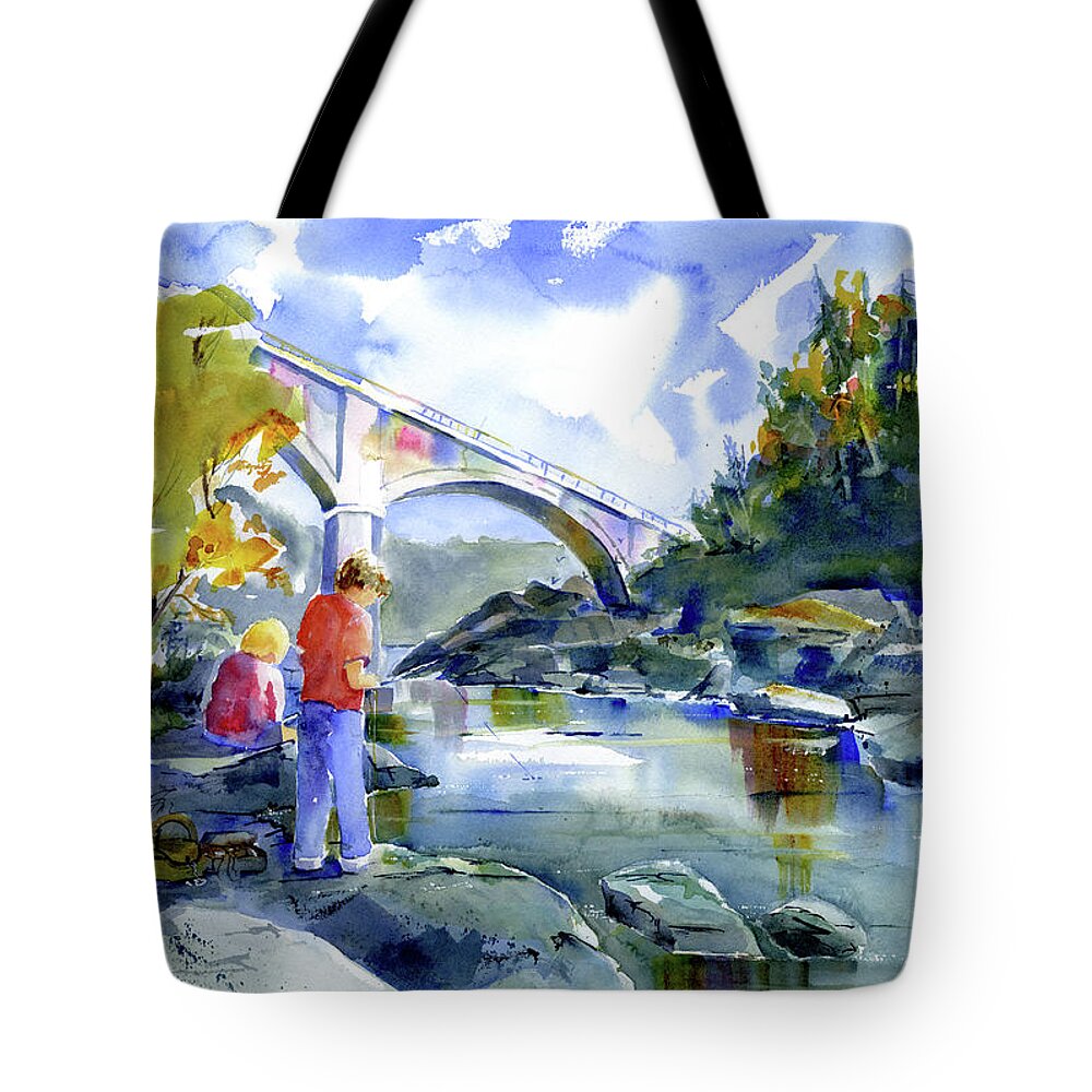 No Hands Bridge Tote Bag featuring the painting NoHands Fishing#1 by Joan Chlarson