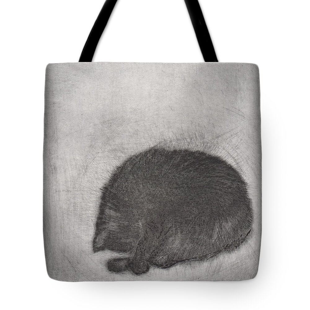 Cat Tote Bag featuring the drawing Nonchaloir - etching by David Ladmore