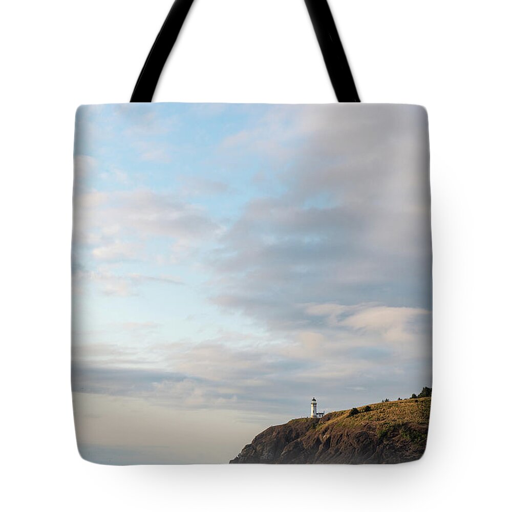 Outdoor; Nature; Beach; Light House; Benson Beach; Sunset; Clouds; Pacific; Pacific North West; Cape Disappointment State Park Tote Bag featuring the digital art North lighthouse in Cape Disappointment by Michael Lee