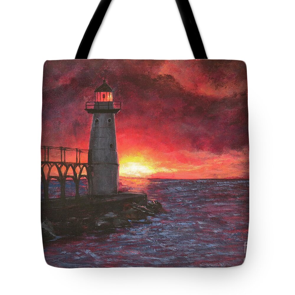 North Pierhead Tote Bag featuring the painting North Pierhead Lighthouse by Zan Savage