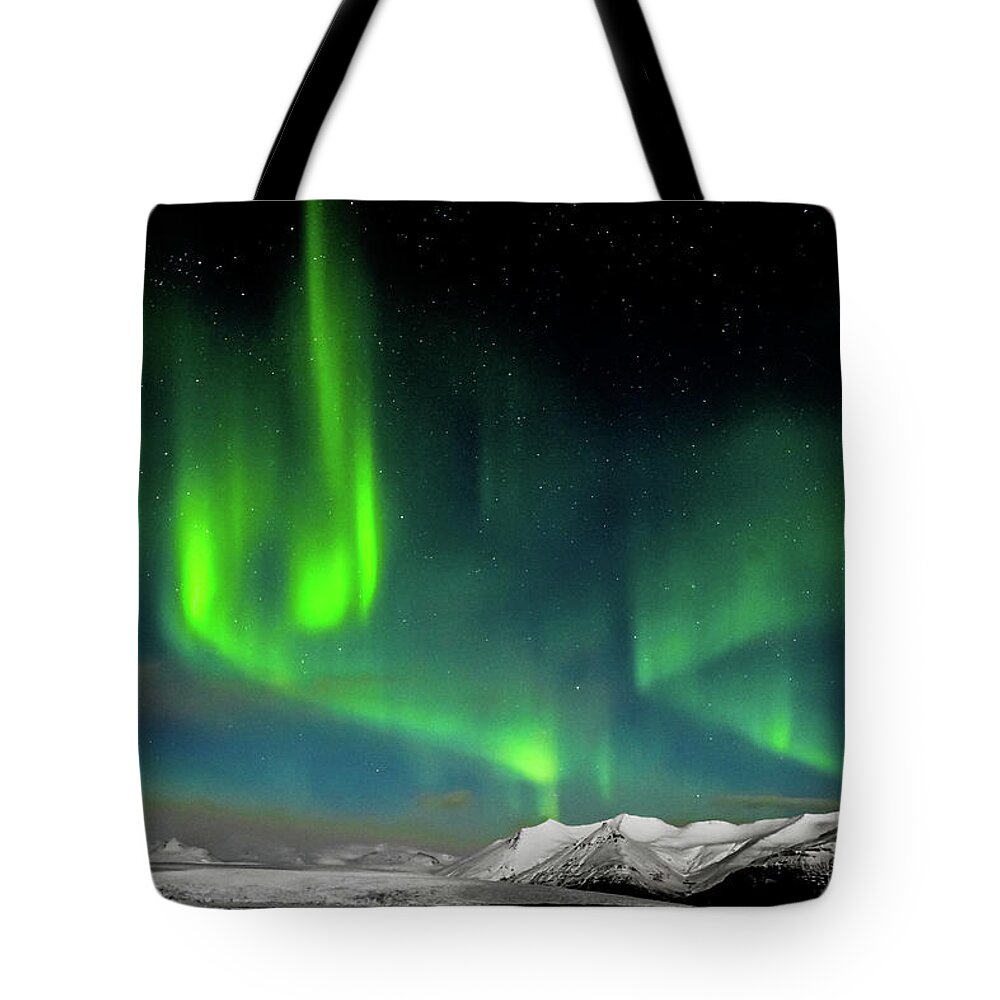 Cory Tote Bag featuring the photograph Northern Lights, Iceland by Tom and Pat Cory