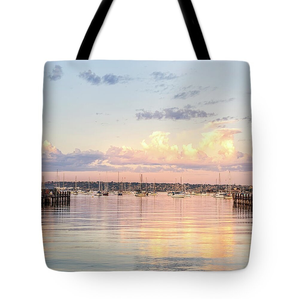 Sunrise Tote Bag featuring the photograph November Morning At San Diego Harbor by Joseph S Giacalone