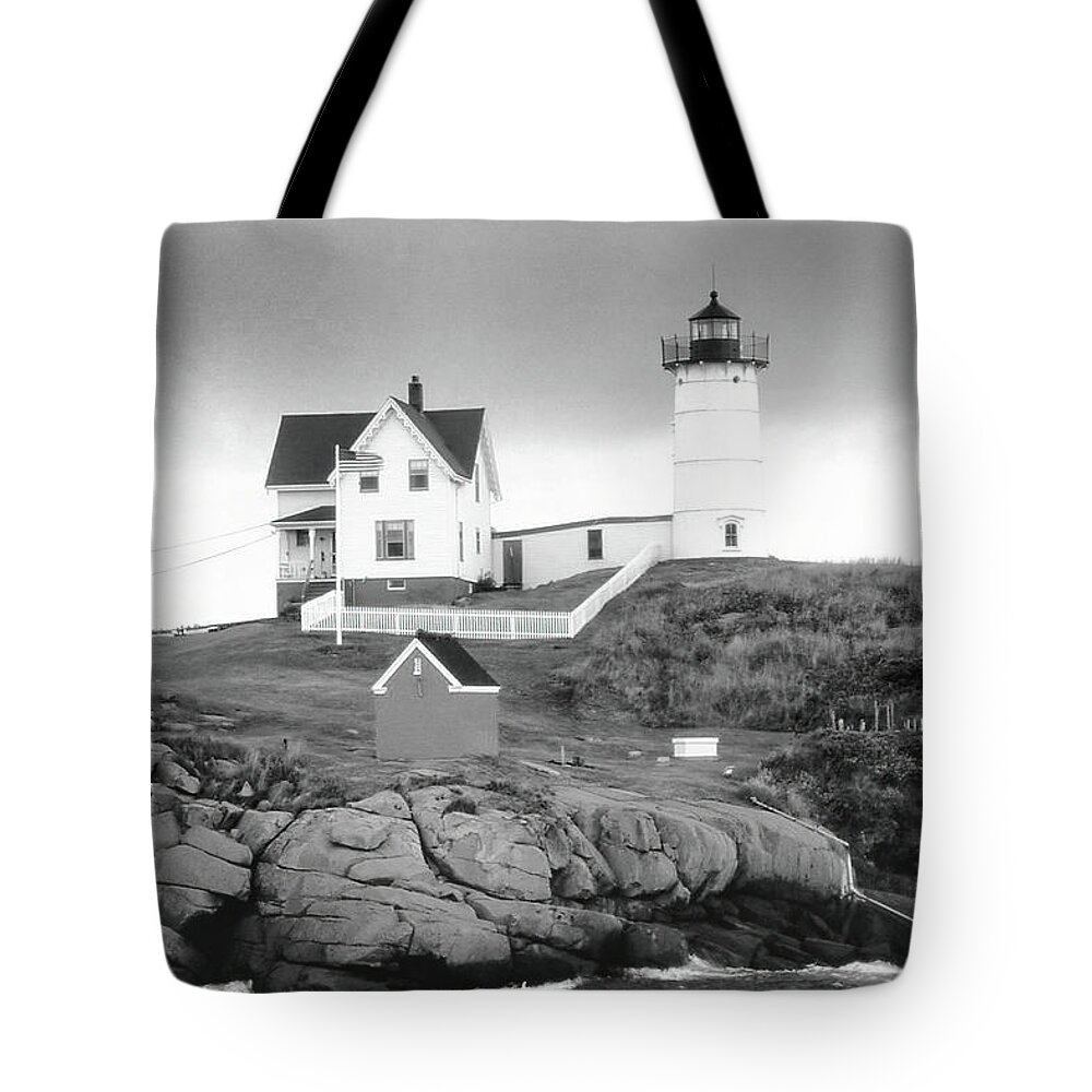 Maine Tote Bag featuring the photograph Nubble Light, Maine in Monochrome by Jerry Griffin