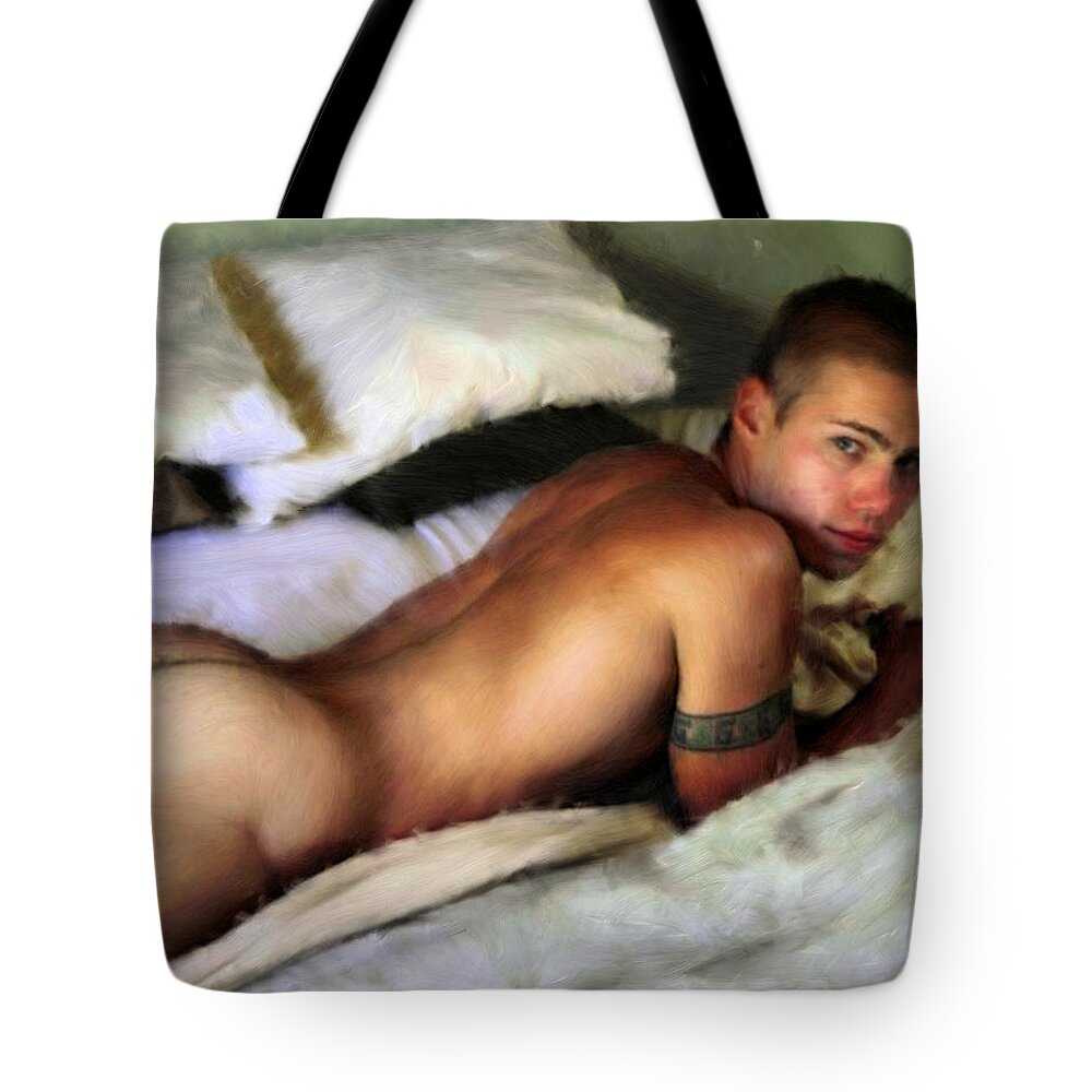 Nude Tote Bag featuring the painting Nude on a Bed by Troy Caperton