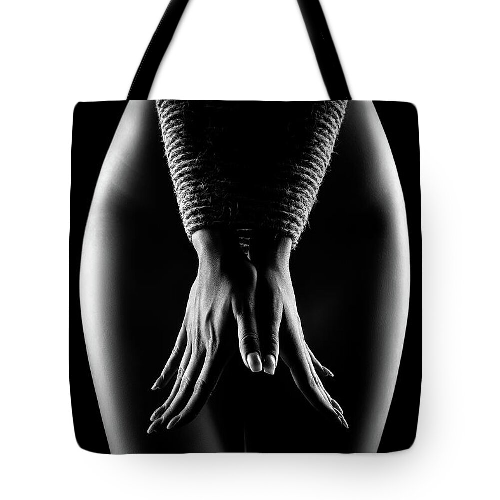 Woman Tote Bag featuring the photograph Nude Woman bondage 4 by Johan Swanepoel