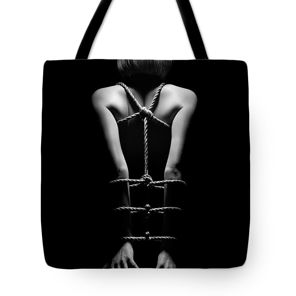 Woman Tote Bag featuring the photograph Nude Woman bondage 7 by Johan Swanepoel
