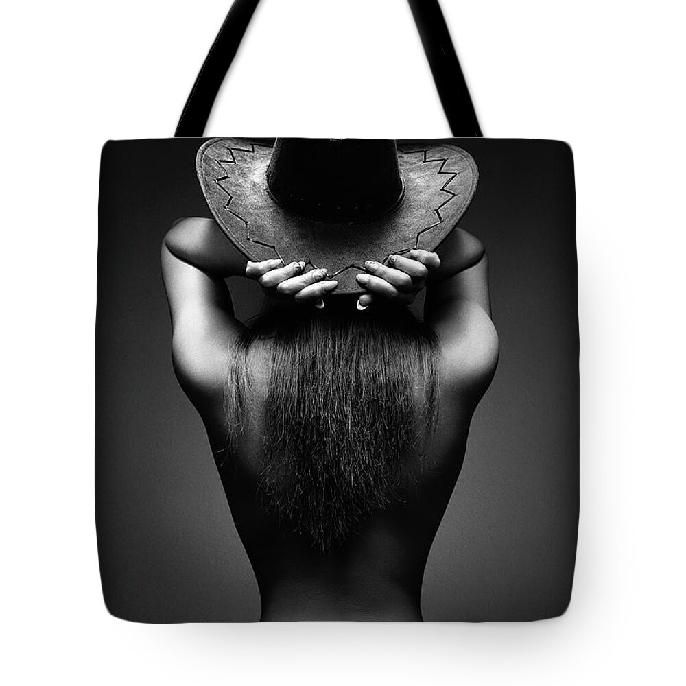 Woman Tote Bag featuring the photograph Nude woman cowboy hat 2 by Johan Swanepoel
