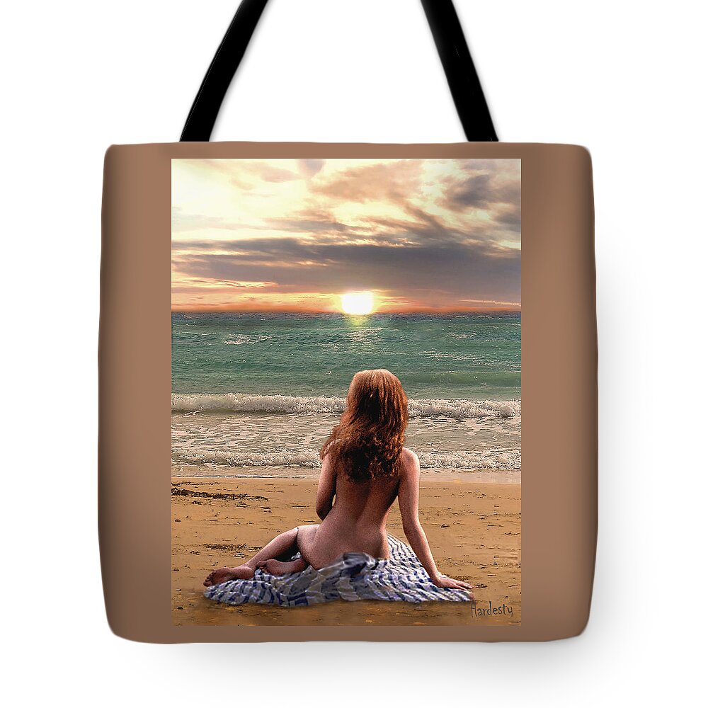 Nude Tote Bag featuring the digital art Nude woman sitting on beach looking at sunset by David Hardesty