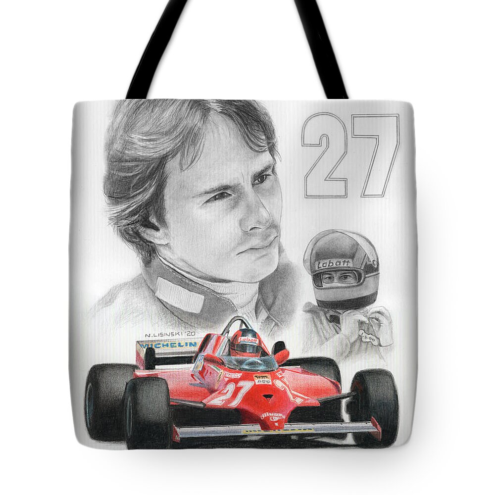 Formula One Tote Bag featuring the drawing Number 27. Gilles Villeneuve by Norb Lisinski