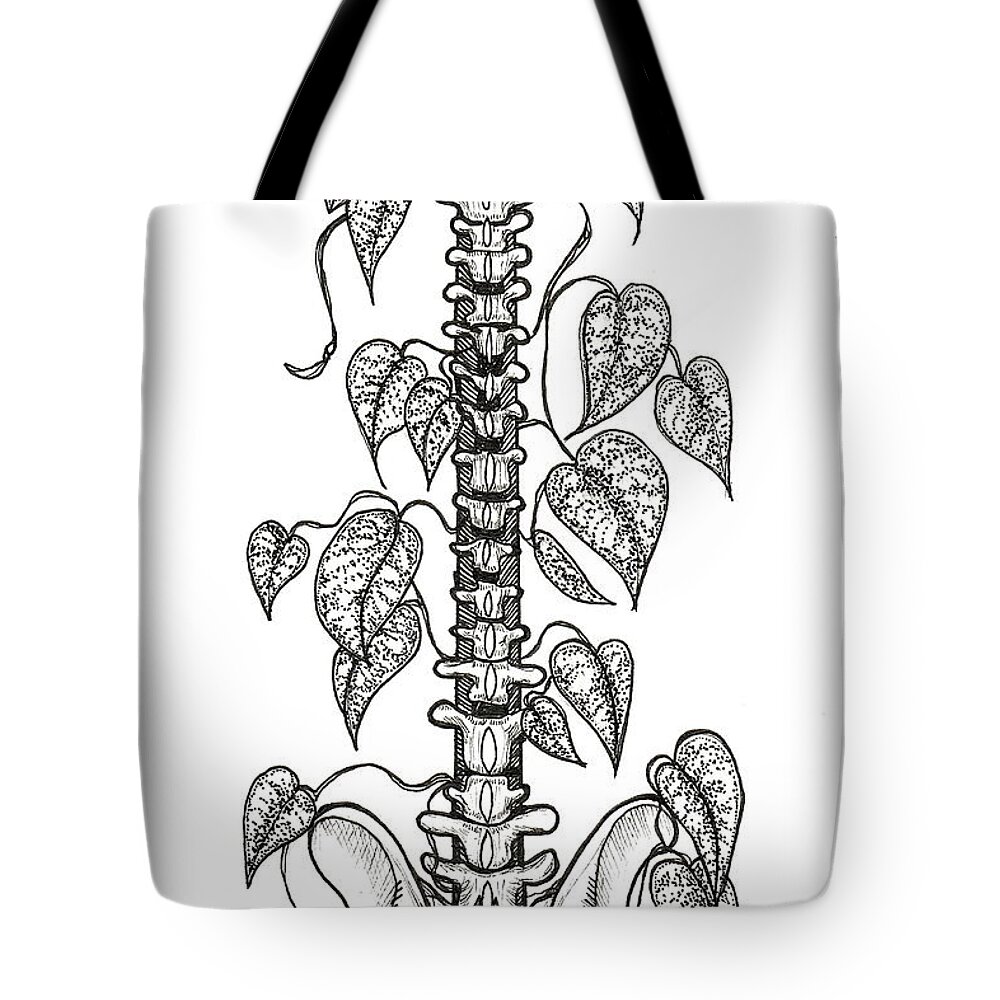 Spine Tote Bag featuring the drawing Nurtured Strength Spine Plant Support by Kenneth Pope