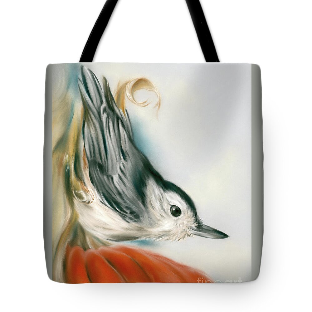Bird Tote Bag featuring the painting Nuthatch Bird with Autumn Pumpkin by MM Anderson