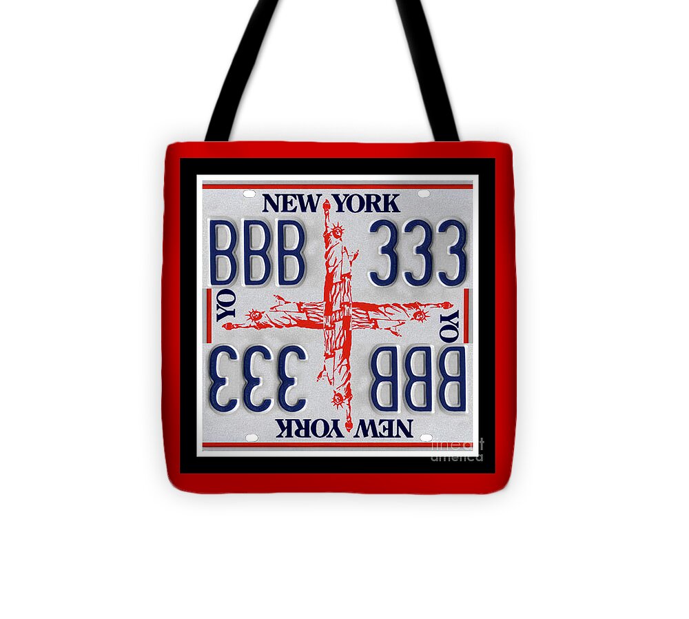 New York Tote Bag featuring the mixed media NY Statue of Liberty Cross Print - Recycled New York License Plates Art by Steven Shaver