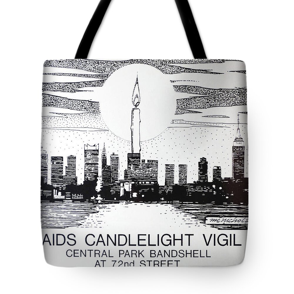 Nyc Aids Candlelight Vigil Poster Tote Bag featuring the drawing NYC AIDS Poster by William Hart McNichols