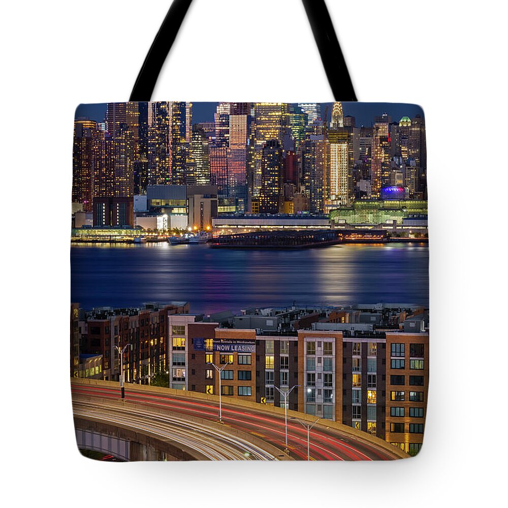 Nyc Skyline Tote Bag featuring the photograph NYC Skyline and Lincoln Tunnel Helix by Susan Candelario