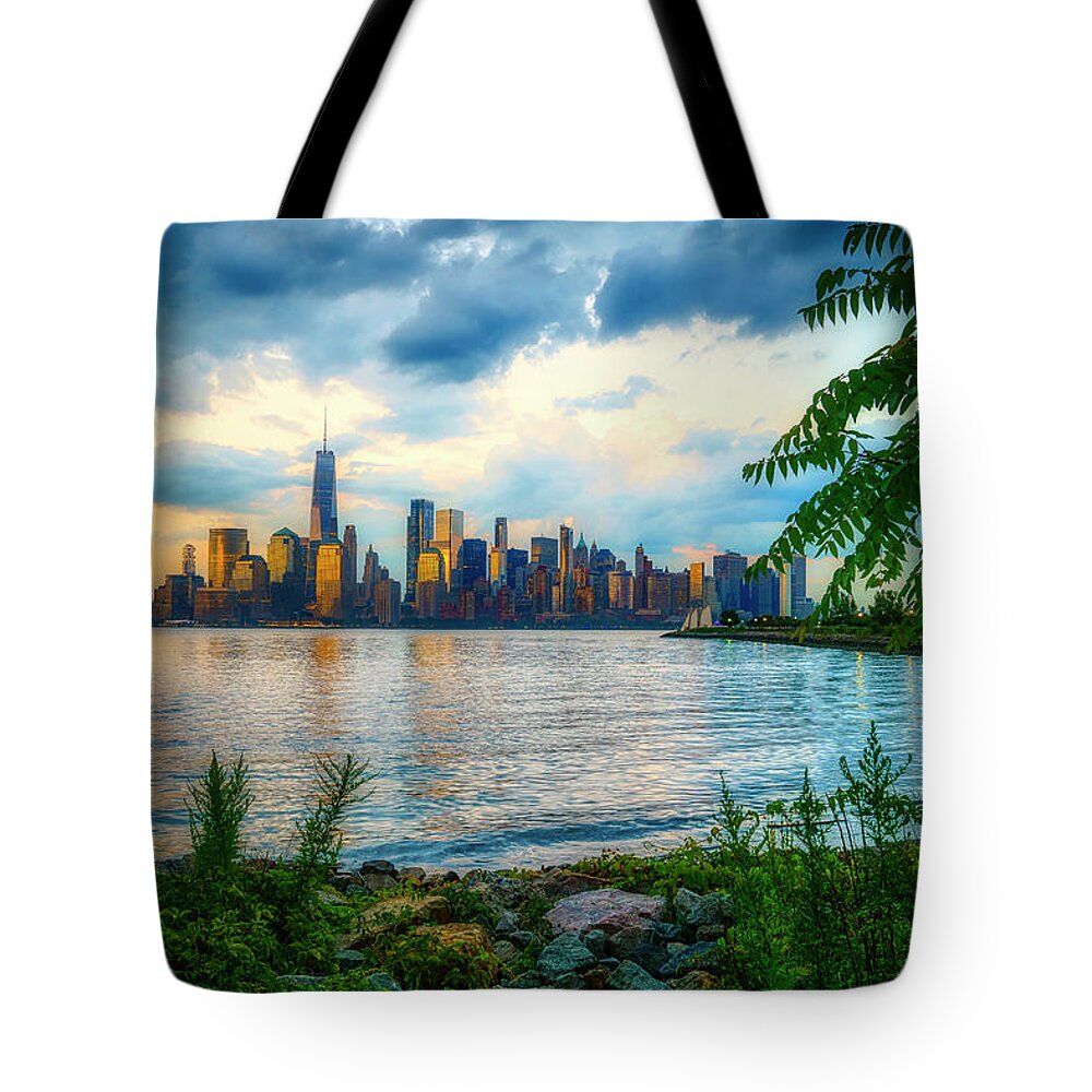 New York City Skyline Tote Bag featuring the photograph Manhattan Skyline at Dusk by Penny Polakoff