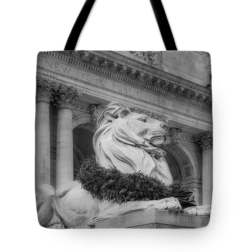 New York Public Library Tote Bag featuring the photograph NYPL Patience Lion BW by Susan Candelario